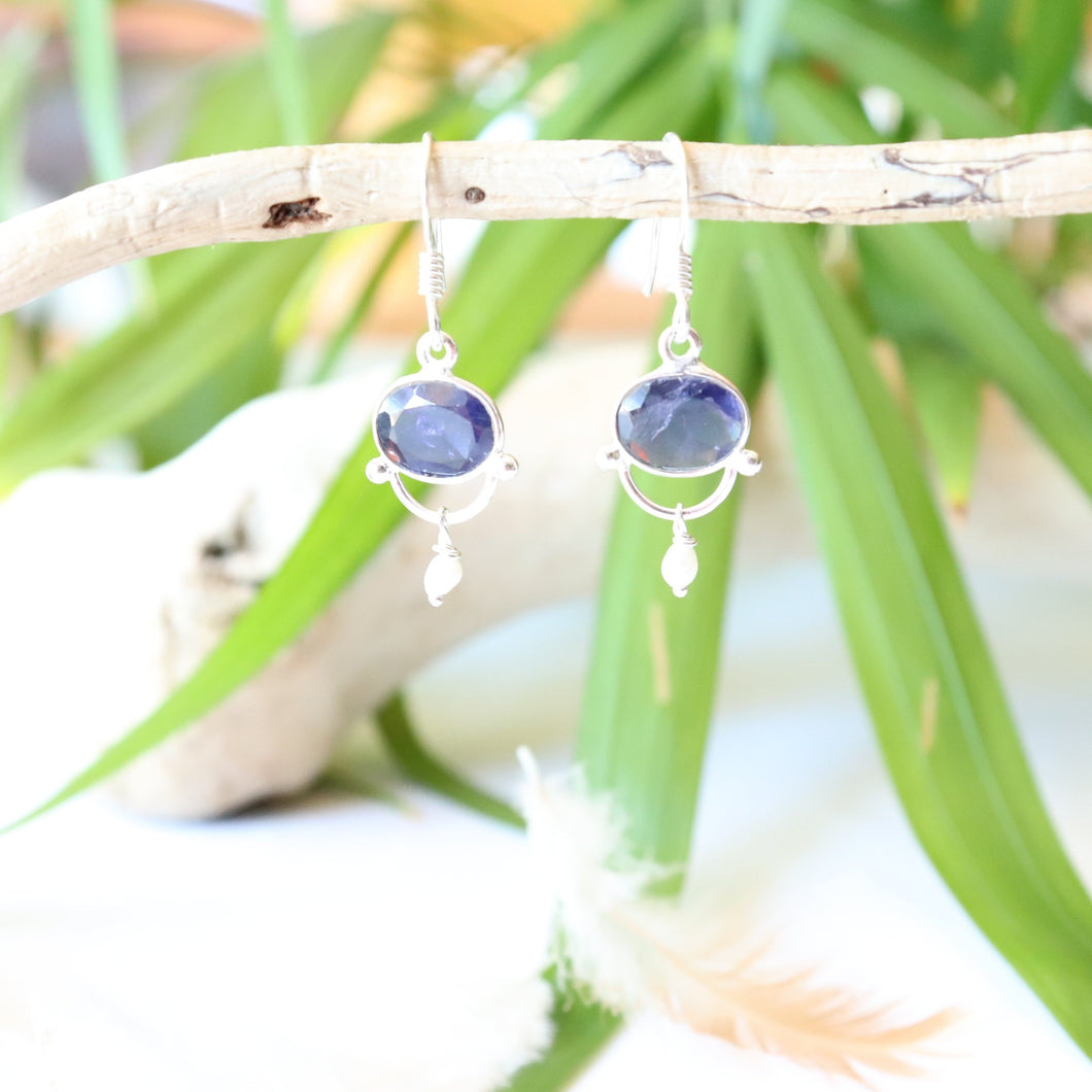 Boucles d'oreilles en argent iolite et perle - Bijoux Cailloux Bambou