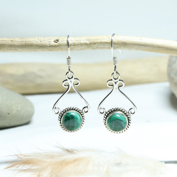 Promotion - Boucles d'oreilles longues en argent et malachite