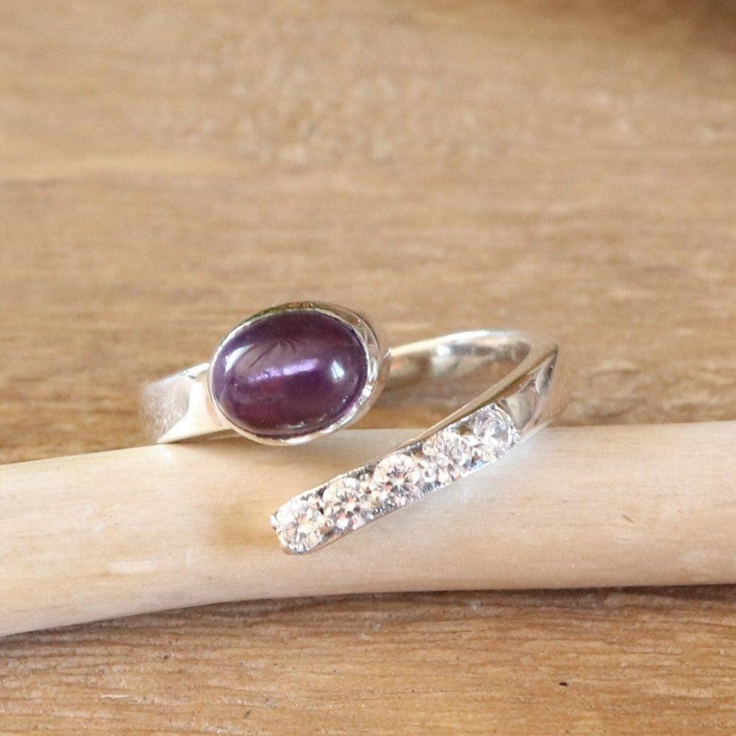 Bague réglable argent en améthyste et topaze blanche
