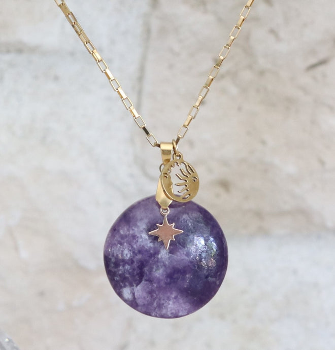 Collier en acier et lépidolite