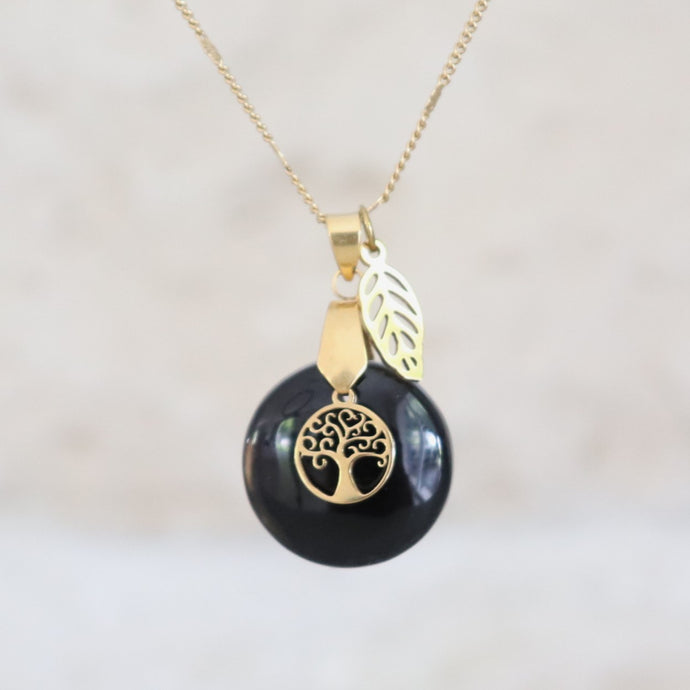 Collier arbre de vie en onyx noir et acier - Petite Rainette