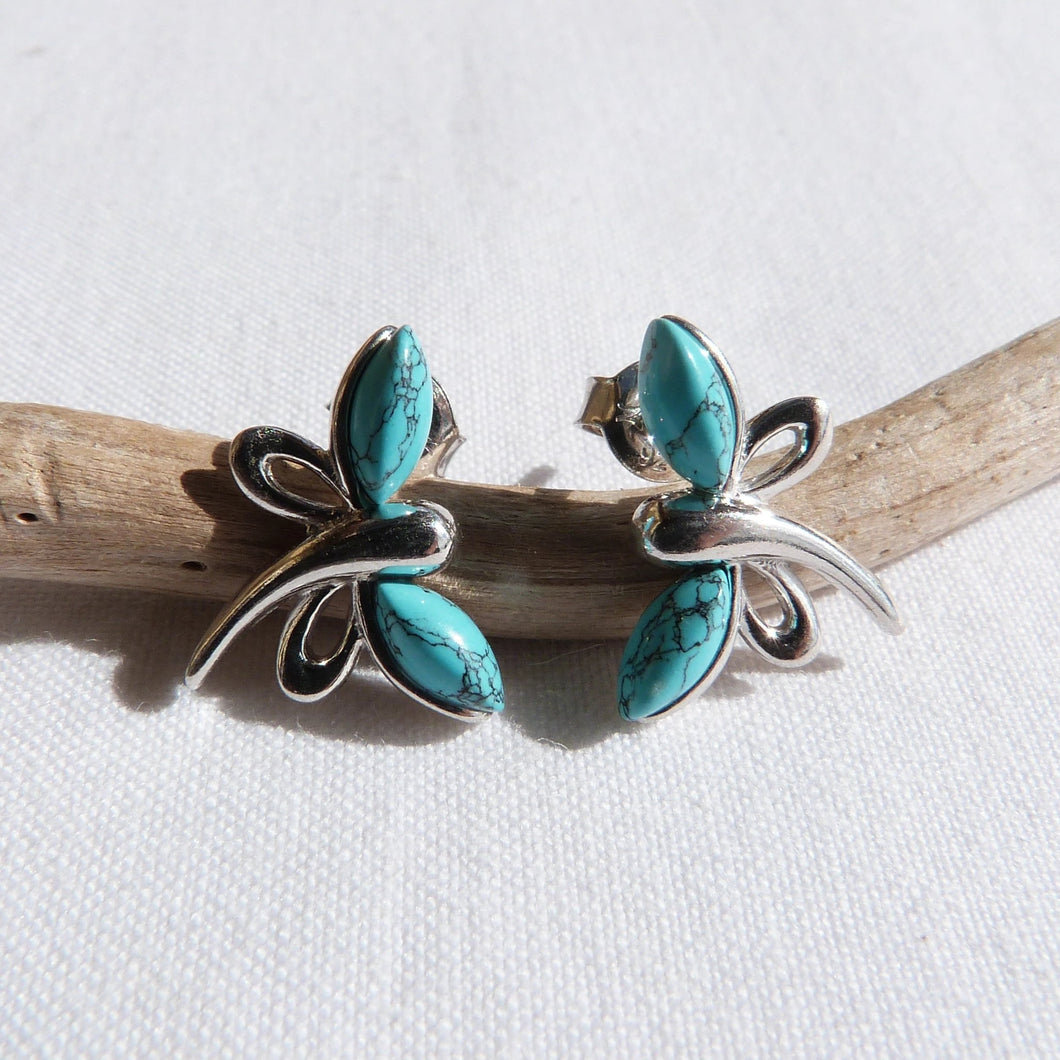 Boucles d'oreilles  libellule en argent et turquoise - Bijoux Cailloux Bambou