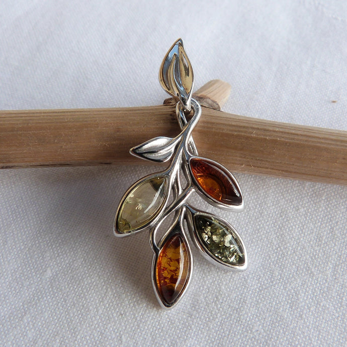 Pendentif feuilles en argent et ambre - Bijoux Cailloux Bambou