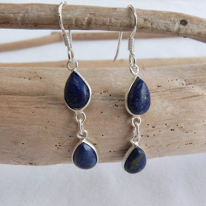 Boucles d'oreilles longues forme goutte en argent et lapis-lazuli - Bijoux Cailloux Bambou