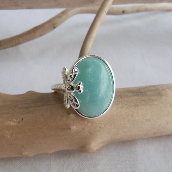 Bague réglable libellule en argent et amazonite - Bijoux Cailloux Bambou