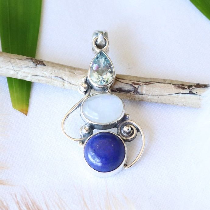 Pendentif argent topaze pierre de lune et lapis - Petite Rainette