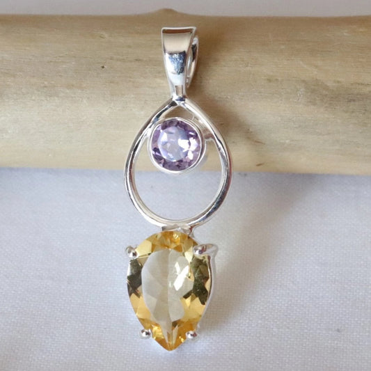 Pendentif en argent avec citrine et améthyste facettées