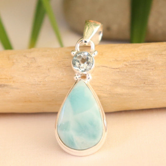 Pendentif forme goutte en argent larimar et topaze bleue - Petite Rainette