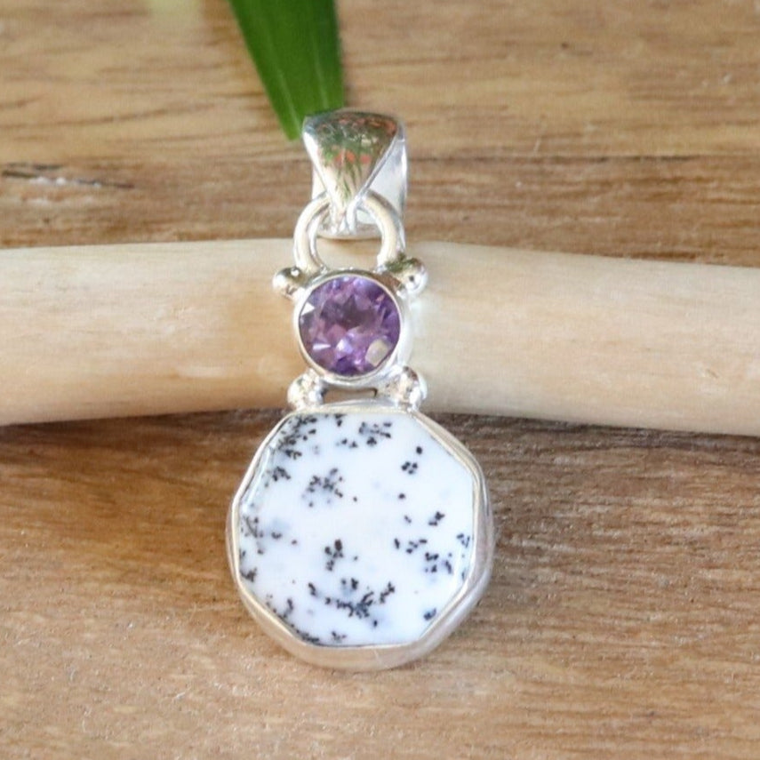 Pendentif  argent en opale dendrite et améthyste - Petite Rainette