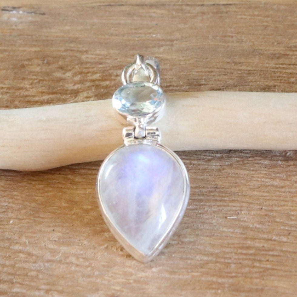 Pendentif en argent pierre de lune et topaze bleue - Petite Rainette