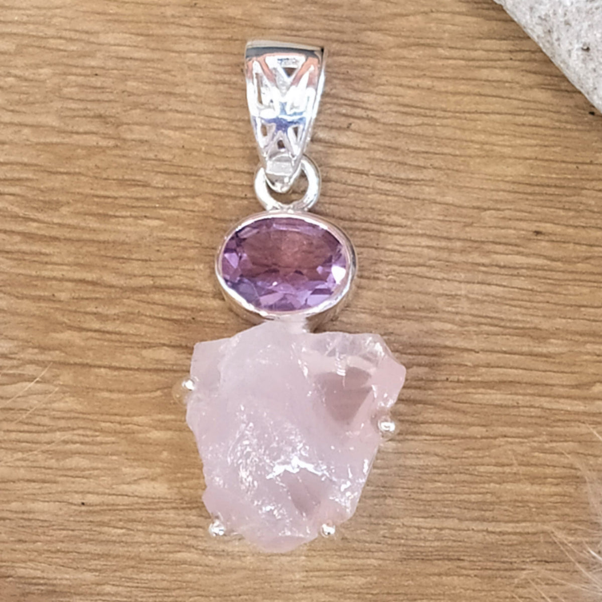 Pendentif en argent quartz rose brut et améthyste 