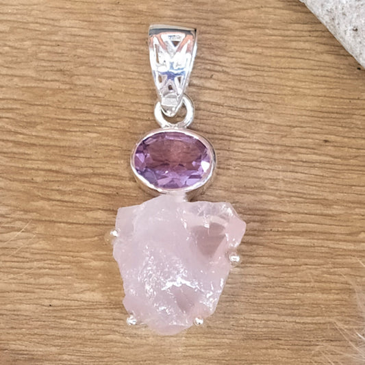 Pendentif en argent quartz rose brut et améthyste 