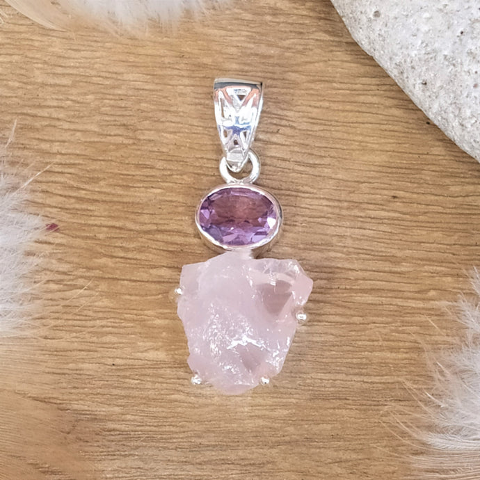 Pendentif en argent quartz rose brut et améthyste - Bijoux Cailloux Bambou