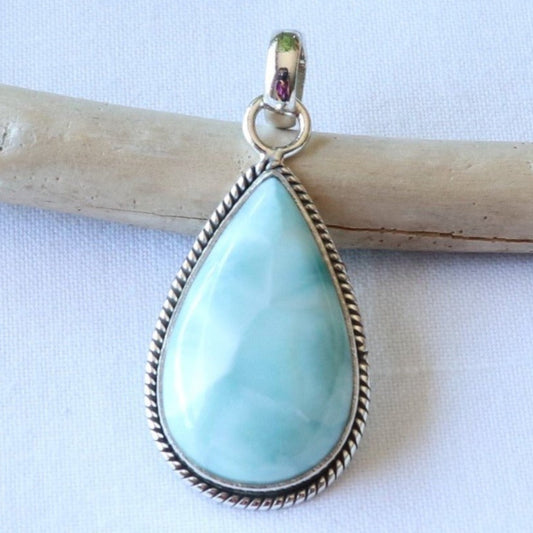 Pendentif goutte en argent travaillé et larimar - Petite Rainette