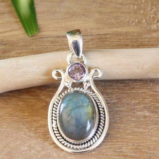 Pendentif argent en labradorite ovale et améthyste à facettes