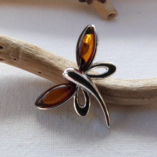 Pendentif  libellule en argent et ambre 
