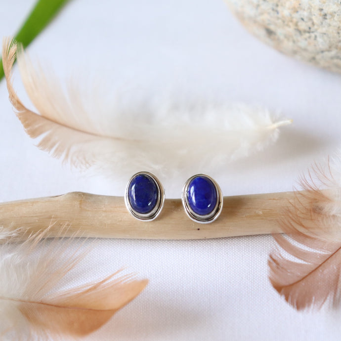 Clous d'oreille ovales en argent et lapis-lazuli- Bijoux Cailloux Bambou