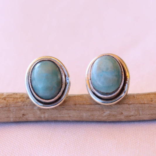 Clous d'oreilles ovales en argent et larimar - Petite Rainette
