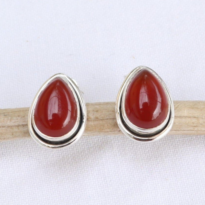 Clous d'oreilles forme goutte en argent et cornaline - Petite Rainette