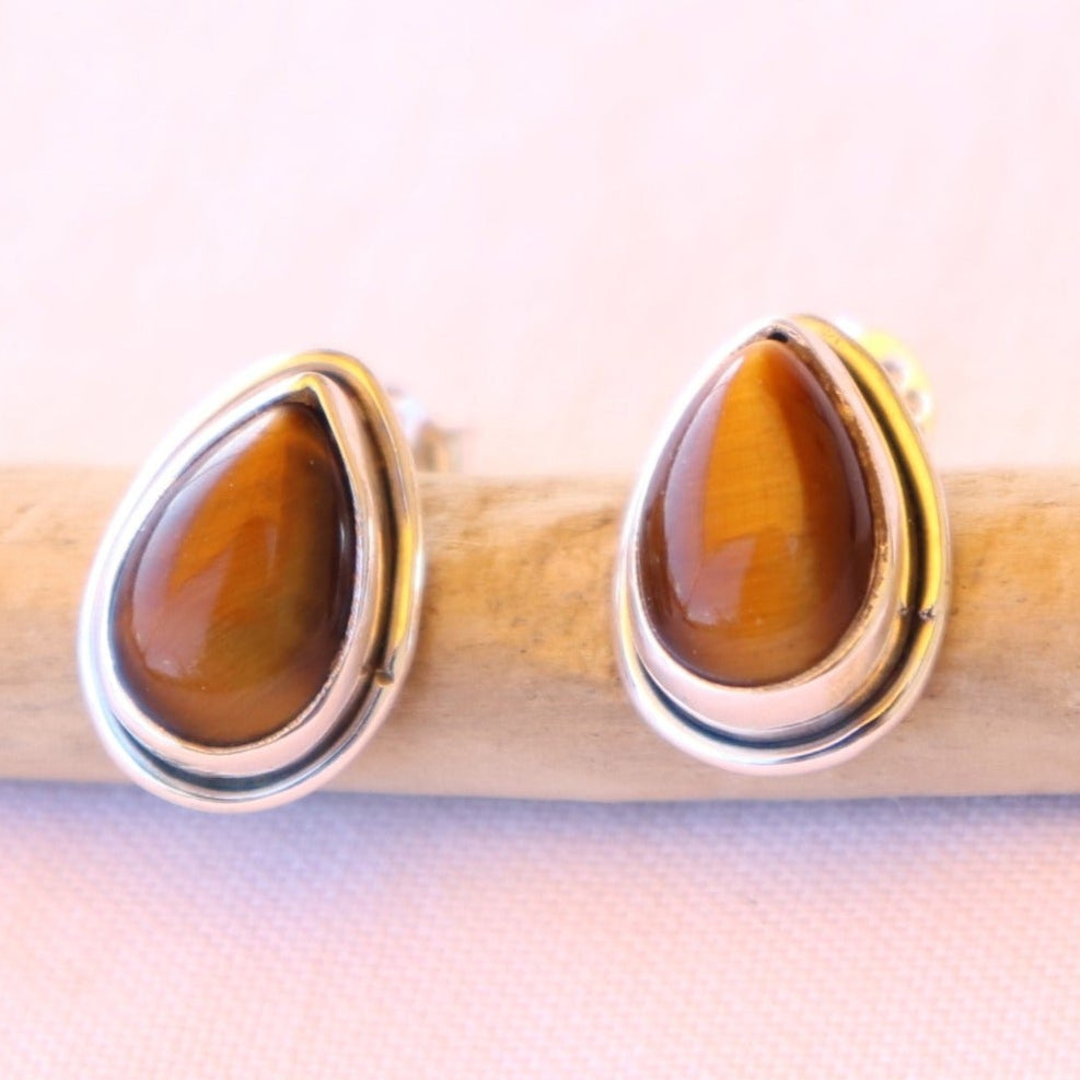 Clous d'oreilles en argent et oeil de tigre - Petite Rainette