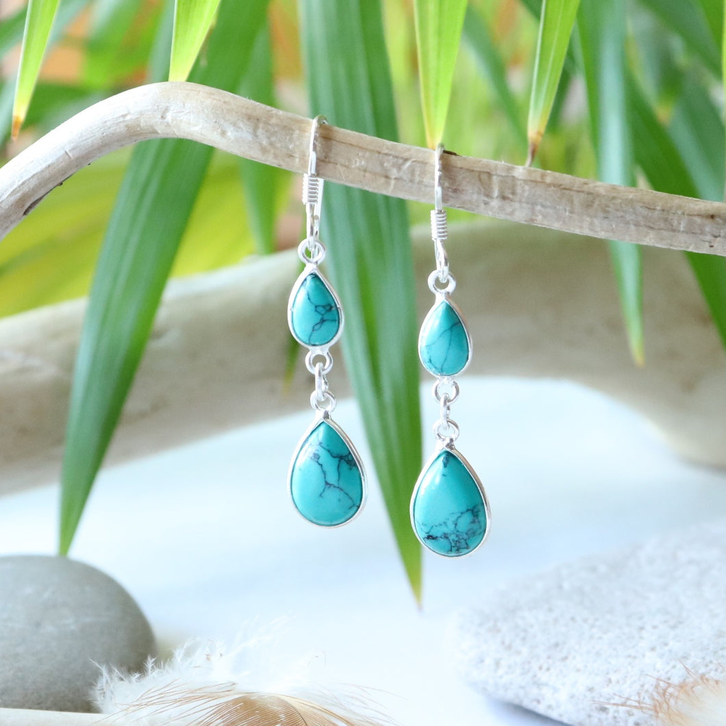 Boucles d'oreilles longues en argent et turquoise