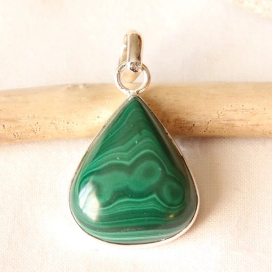 Pendentif forme goutte en argent et malachite - Petite Rainette