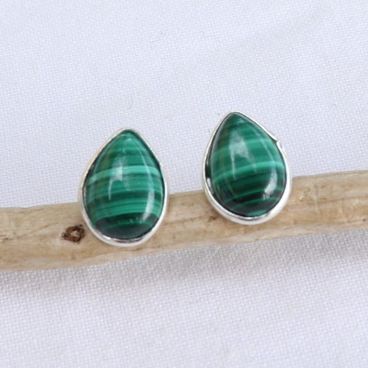 Clous d'oreilles forme poire en argent et malachite - Petite Rainette