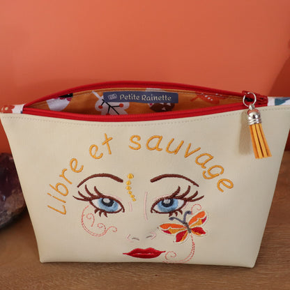 trousse femme brodée visage féminin libre et sauvage écru