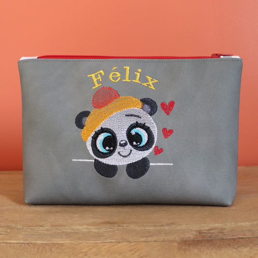 Trousse panda personnalisée avec prénom brodé en simili cuir gris
